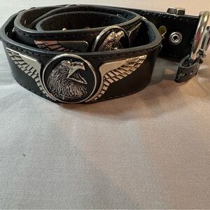 Black Leather Belt with Silver Eagle Buckle
